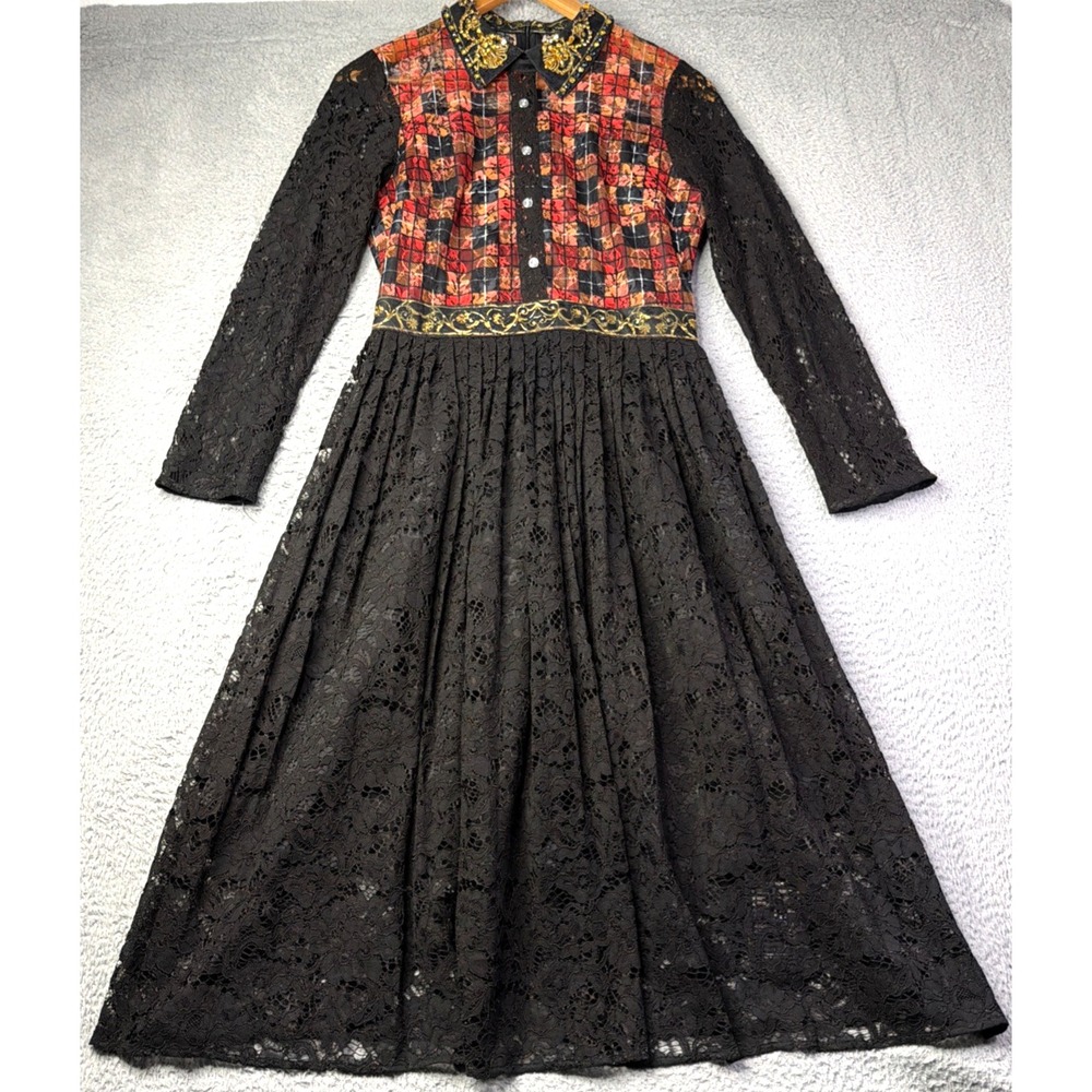Burryco Dress Womens 6 Long Sleeve Maxi Dress Beaded Collar Black Lace Lined NWT